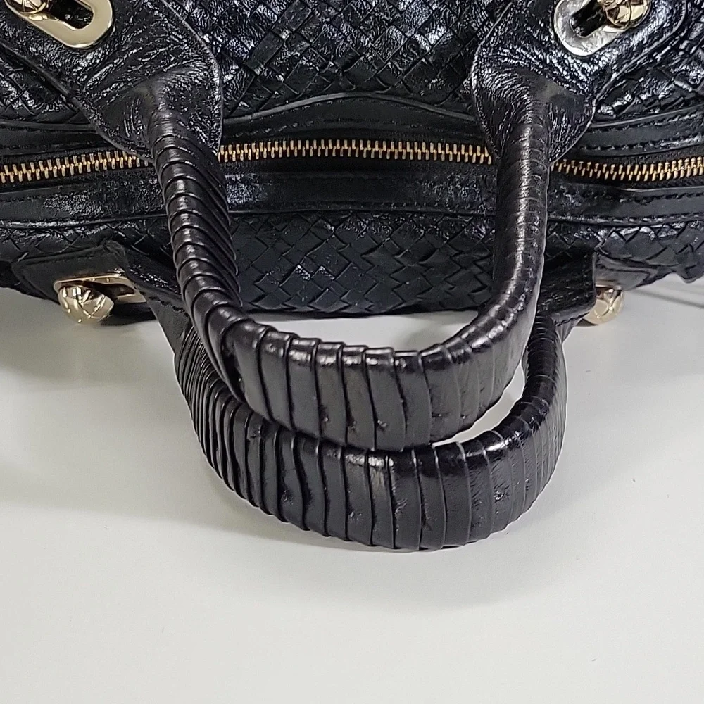 Elliott Lucca Black Woven Leather Satchel Handbag